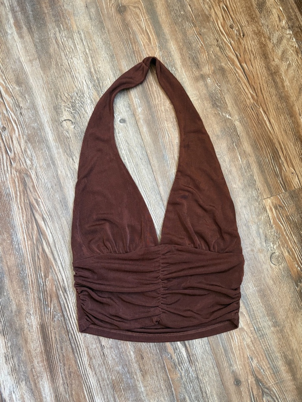 Brown Ruched Halter Crop Top